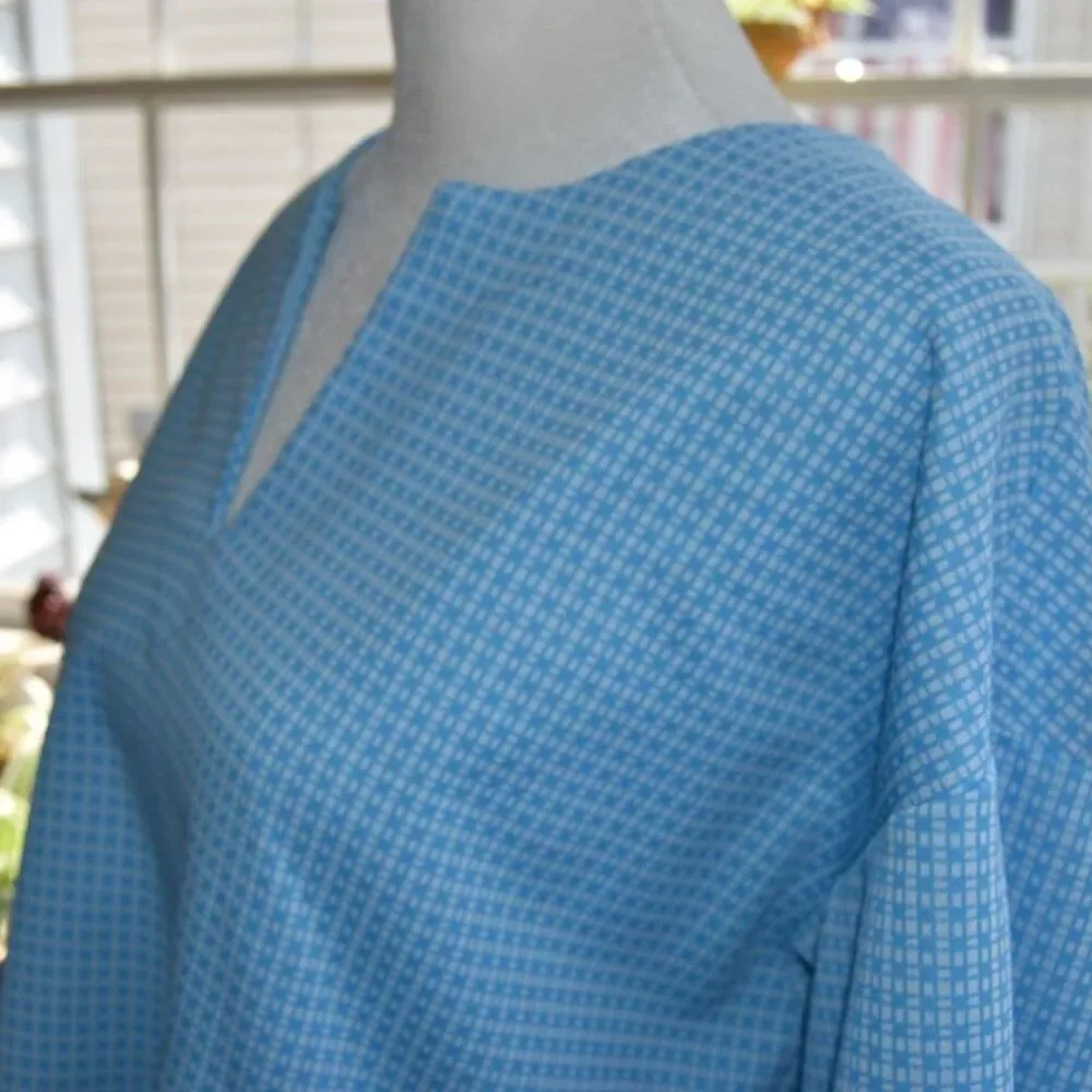 Vintage 1970s Blue Geometric Tunic Top Handmade Mod Blouse Plus Size XL